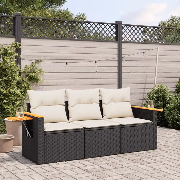 Set da giardino vidaXL composto da divano a 3 posti, elemento angolare e tavolino con cuscini in polyrattan nero e struttura in legno di acacia