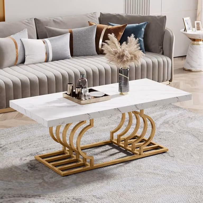 Tavolino da salotto moderno, rettangolare, con finitura effetto marmo e struttura geometrica