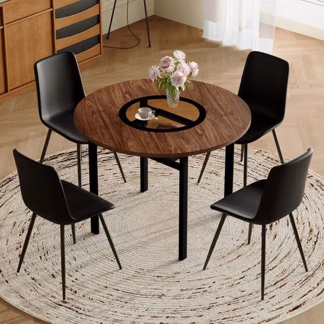 Set tavolo e sedie con tavolo rotondo e 4 poltrone, ripiano inferiore in vetro, metallo e similpelle PU marrone e nero