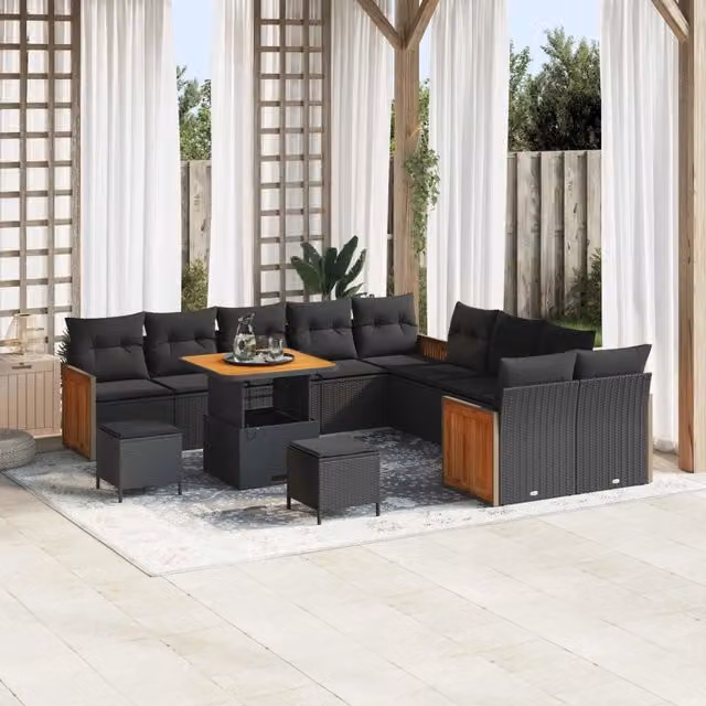 Set Divano da Giardino Moderno vidaXL in Rattan e Legno di Acacia, 13 Posti, Nero – 1