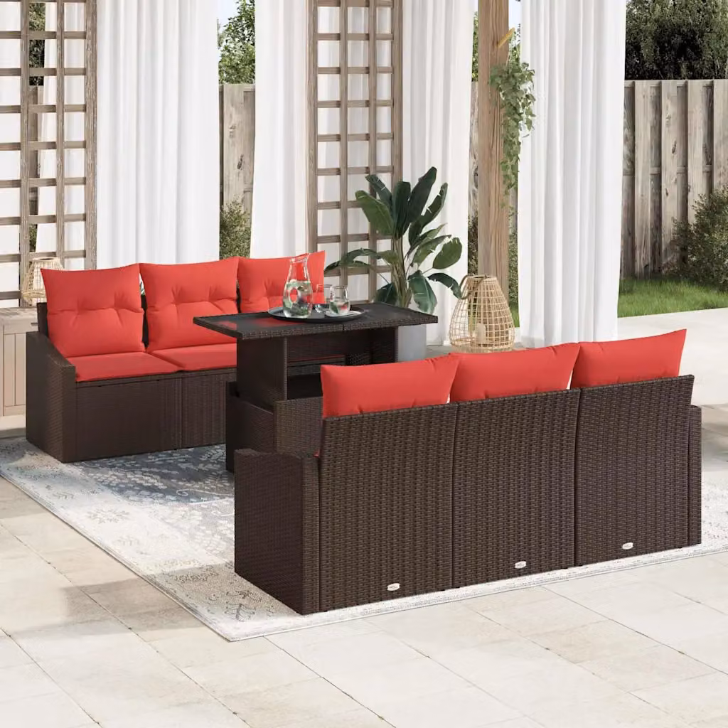 Set Divano da Giardino vidaXL 7 Pezzi a Forma di U con Tavolino, Colore Marrone e Rosso