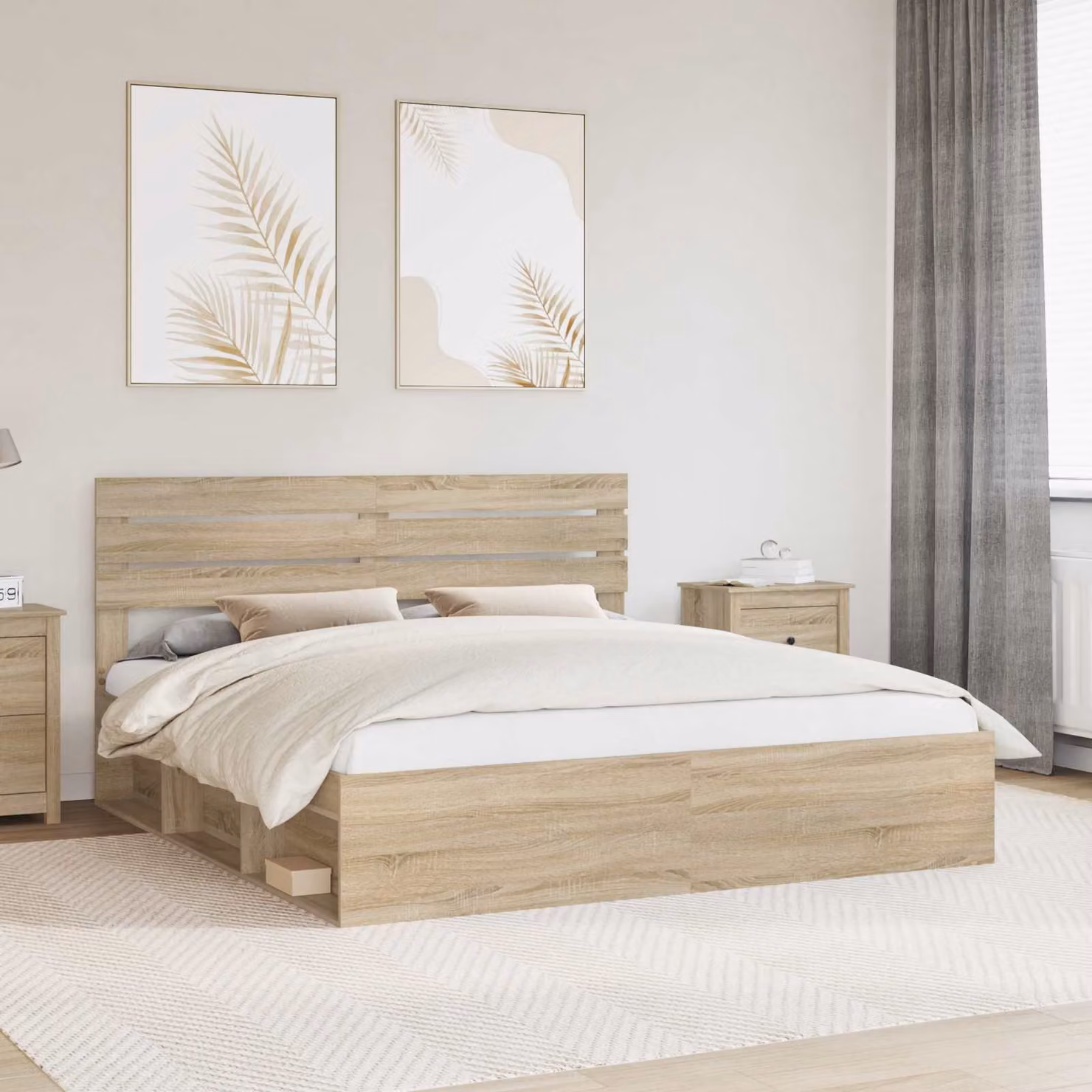 Struttura del letto Sonoma vidaXL in pino massello, colore marrone e beige, L 200 x P 200 x H 206 cm