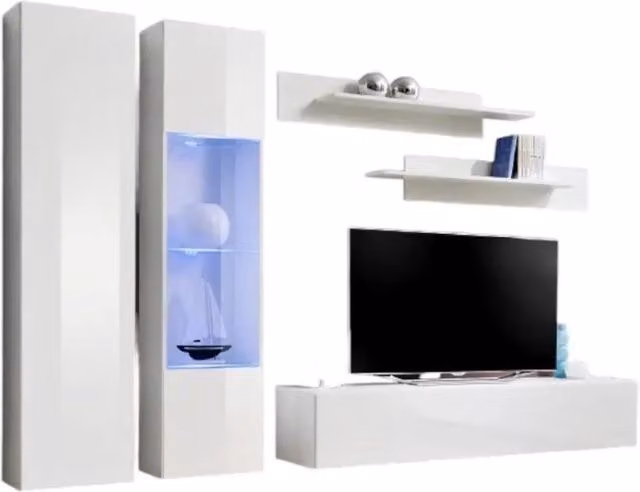 Composizione murale FLY A5 – Bianco lucido con LED – Mobile TV sospeso con colonne in vetro e scaffali – Design moderno