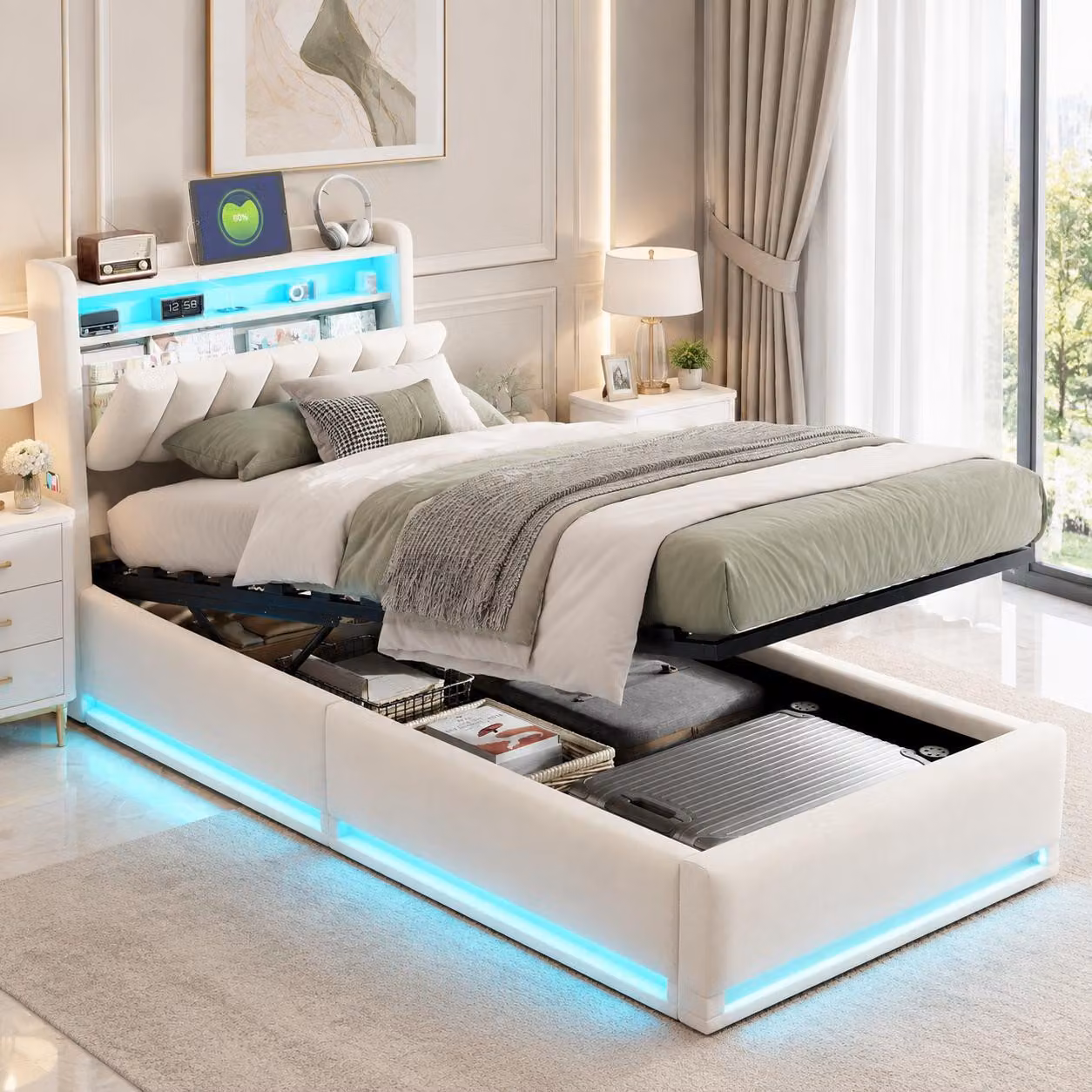 Letto per bambini INONEFT, 90 x 200 cm, con sistema di sollevamento idraulico, spazio contenitivo e porta USB, trasformabile in letto per adulti, imbottito con LED e rete a doghe, letto singolo, in velluto, color beige