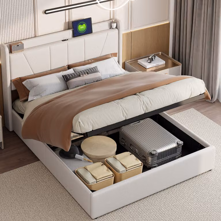 Letto imbottito Fortuna Lai 140x200cm con USB, letto per ragazzi letto matrimoniale con rete a doghe e contenitore, letto contenitore, biancheria, beige