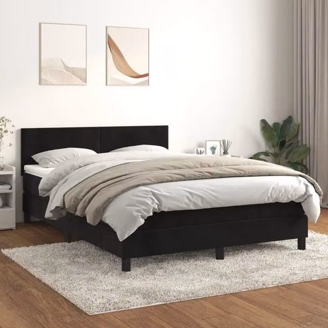 Letto Ibrido vidaXL con Giroletto a Molle e Materasso in Velluto Nero, L/P/H: 140 x 190 x 78 cm – 1