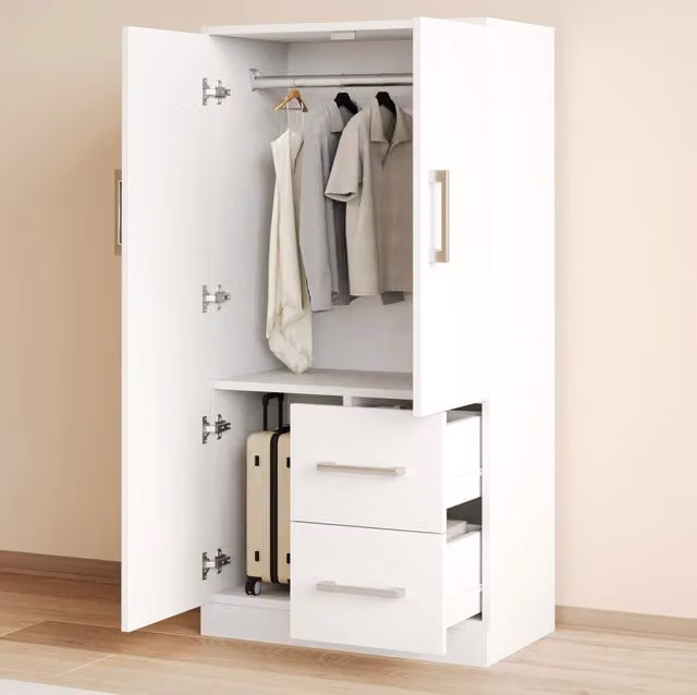 Armadio guardaroba moderno bianco con doppie ante, cassetti interni e appendiabiti, L: 70 cm, P: 40 cm, H: 135 cm