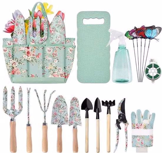 Set di 15 utensili da giardino Unyqoos® – set completo di attrezzi per il giardino, con borsa porta-attrezzi, protezioni per le ginocchia, manici ergonomici e corpo in lega di alluminio