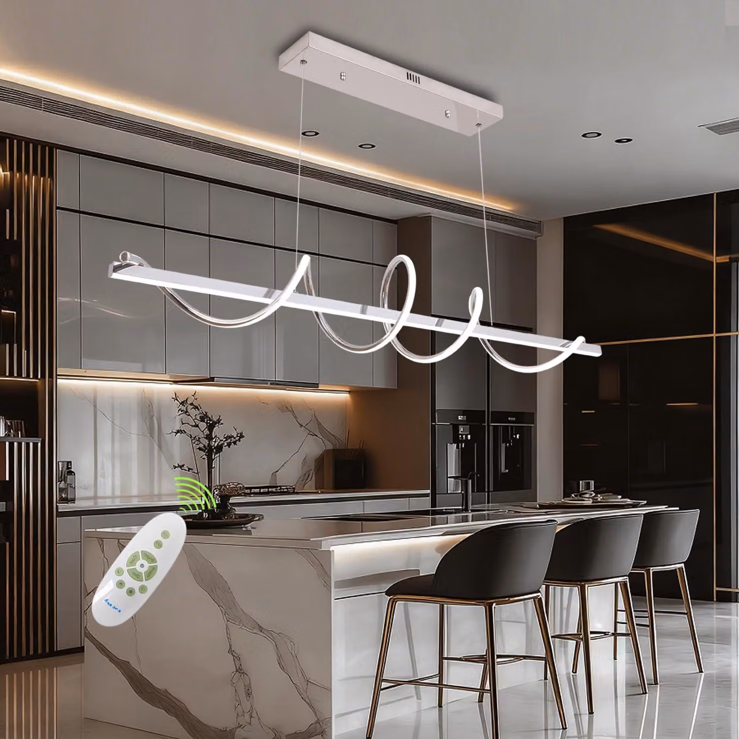 Lampada a sospensione a LED, dimmerabile, con cambio di colore da 3000K a 6500K, design a serpentina, finitura cromata