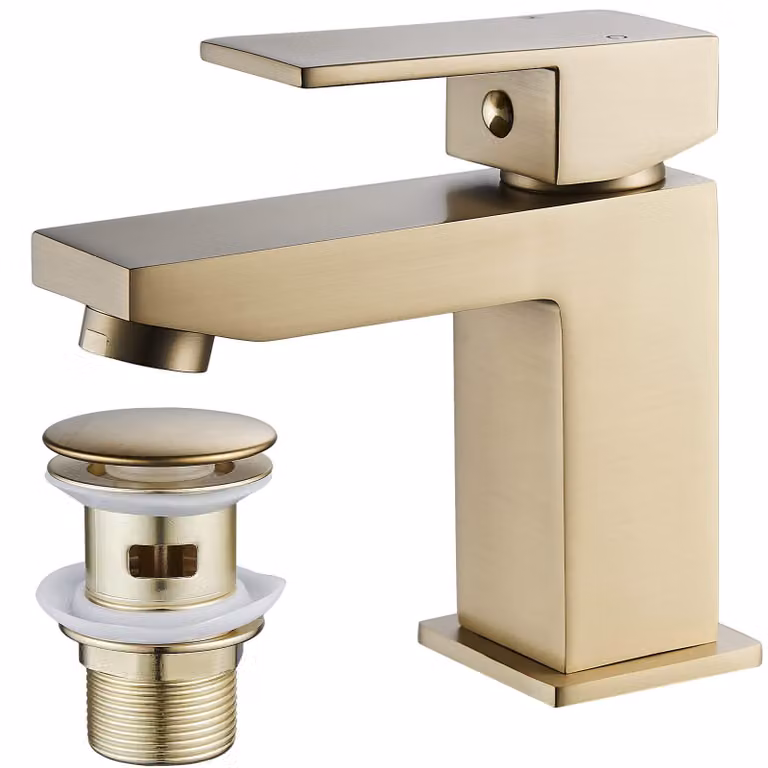 Miscelatore per lavabo, design squadrato, monocomando, finitura dorata, tappo a salvagoccia integrato, realizzato in ottone