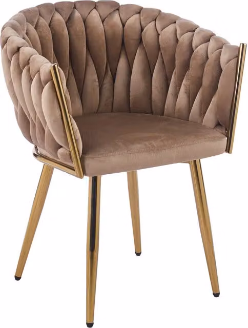 Poltrona moderna con schienale in velluto intrecciato e gambe in metallo placcato oro, sedia imbottita circolare color beige per salotto, sala da pranzo o camera da letto – 1