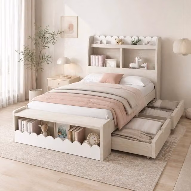 Letto singolo per bambini con cassetti, scaffale e panca contenitore 90x190 cm, struttura e rete a doghe in legno bianco e rovere