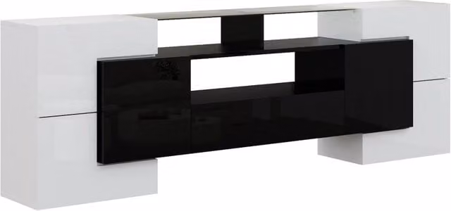 Mobile TV moderno nero e bianco lucido con illuminazione LED, 200x35x60 cm, per soggiorno