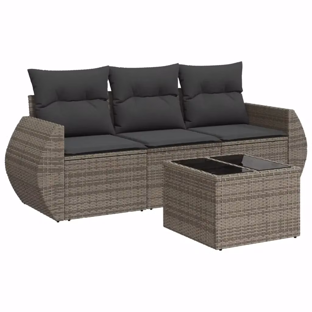 Set da Giardino vidaXL 4 Pezzi in Polyrattan Grigio con Cuscini Imbottiti e Tavolino – 2