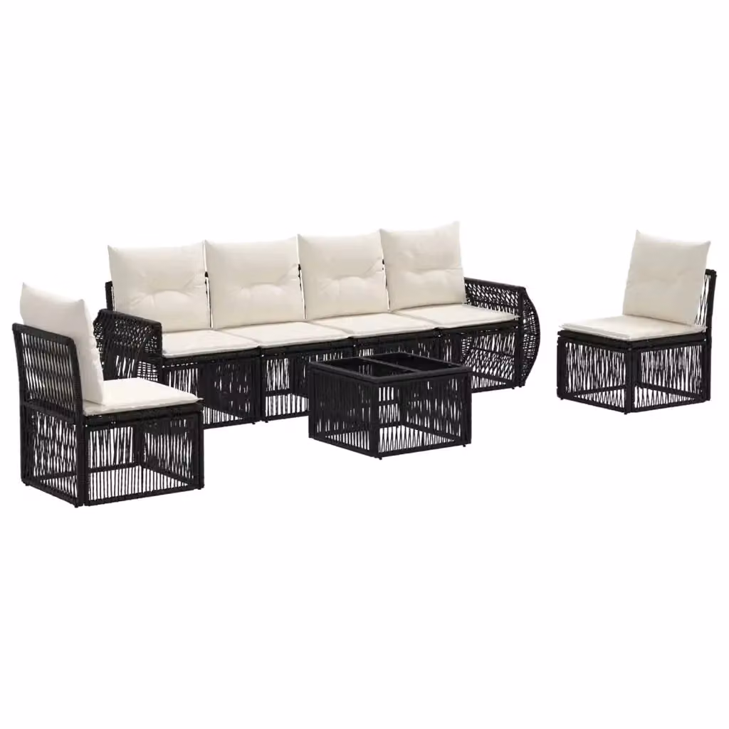 Set da giardino moderno vidaXL composto da 7 pezzi con divano a 3 posti, tavolino da caffè e cuscini in tessuto nero e bianco crema con struttura in metallo e rattan – 2
