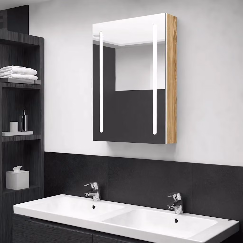 Armadietto da bagno moderno DESIGN IN con specchio e illuminazione LED, Bianco e Rovere, L: 50 cm, P: 13 cm, H: 70 cm – 2