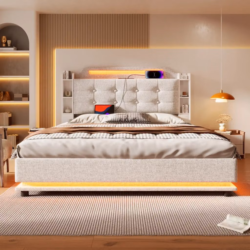 Letto contenitore matrimoniale OKWISH in lino beige con illuminazione LED, porte USB e Tipo C, vani laterali e base a sollevamento, L/P/H: 140 x 200 x 115 cm – 2