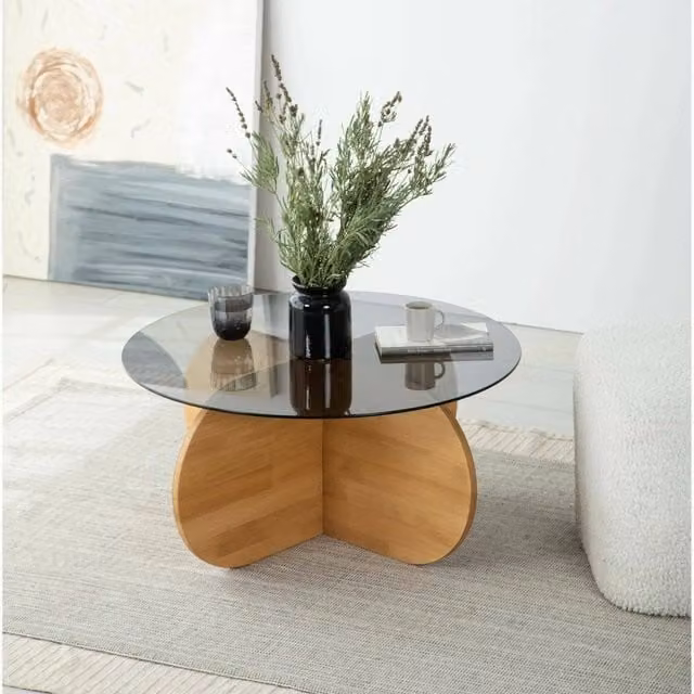 Tavolino da salotto rotondo DMORA in legno rovere marrone e vetro trasparente L: 75 cm, P: 75 cm, H: 35 cm