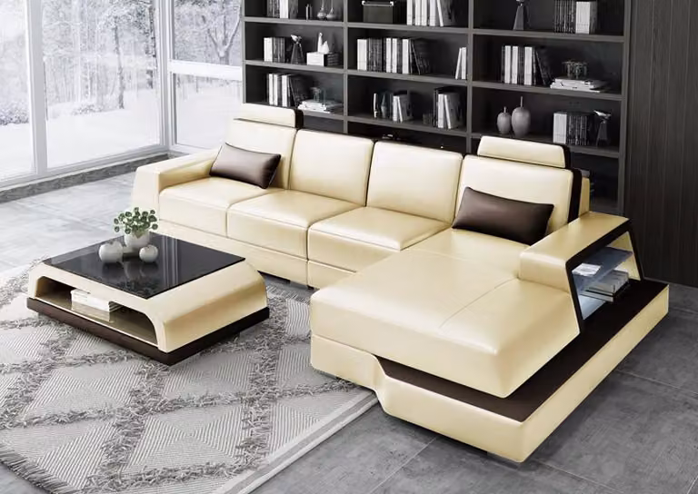 Ecksofa Sofa Wohnlandschaft L-Form Polster Couch Ledersofa Beige Sofas Garnitur