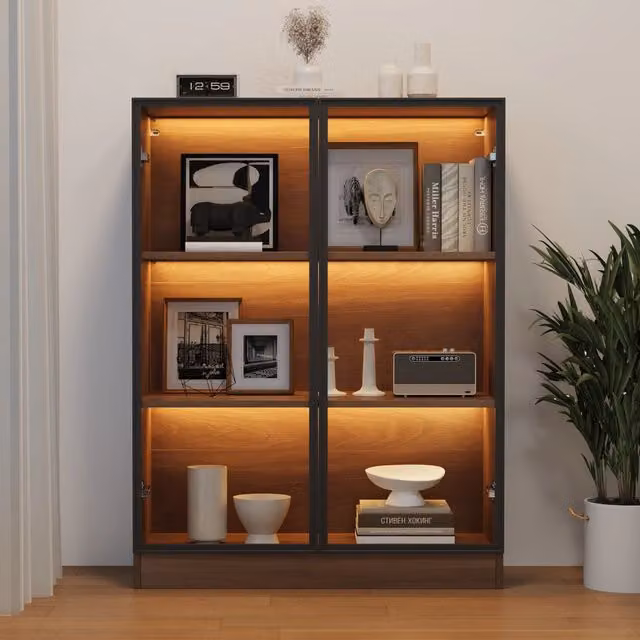 Vetrina in vetro con illuminazione, colore naturale, 3 ripiani regolabili, 80x32x106 cm