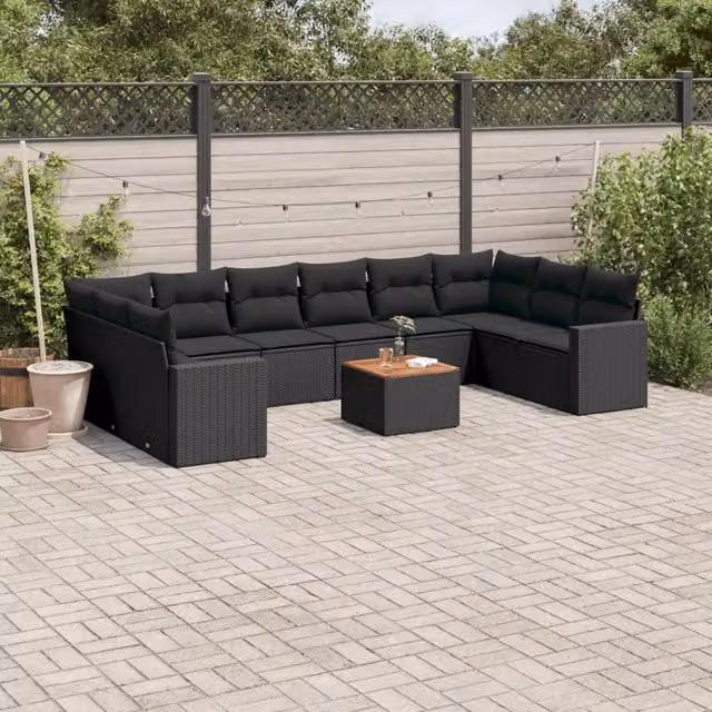 Set di Divani da Giardino Moderno VIDAXL in Polyrattan Nero con Cuscini, 11 Pezzi