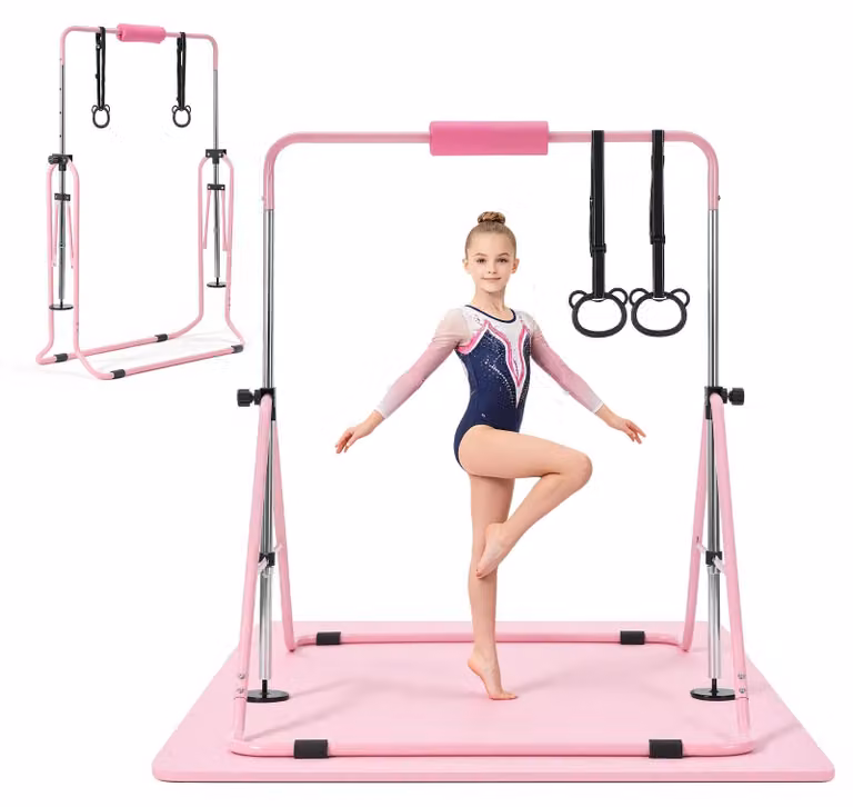 Sbarra da ginnastica VEVOR per bambini, con capacità di carico di 63,5 kg, sbarra pieghevole con tappetino, sbarra regolabile in altezza per allenamento indoor e outdoor, attrezzo per l'allenamento domestico di ginnastica per bambini, colore rosa