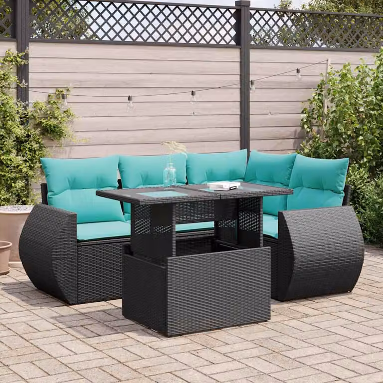 Set di divani da giardino vidaXL 5 pz a forma di L con cuscini e tavolino in polyrattan nero