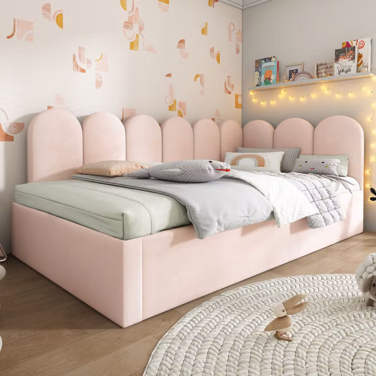MODFU Letto imbottito, divano letto 90x200 cm, daybed con letto estraibile 90x190 cm, letto per ragazzi con rete a doghe, velluto, con materasso, rosa