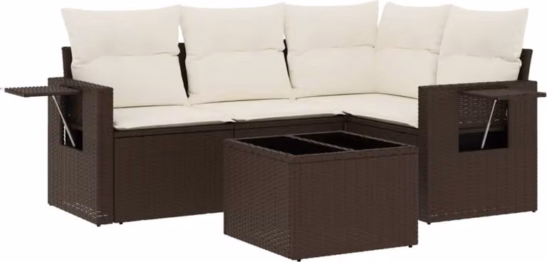 Set Divano da Giardino 5 pz con Cuscini Marrone in Polyrattan