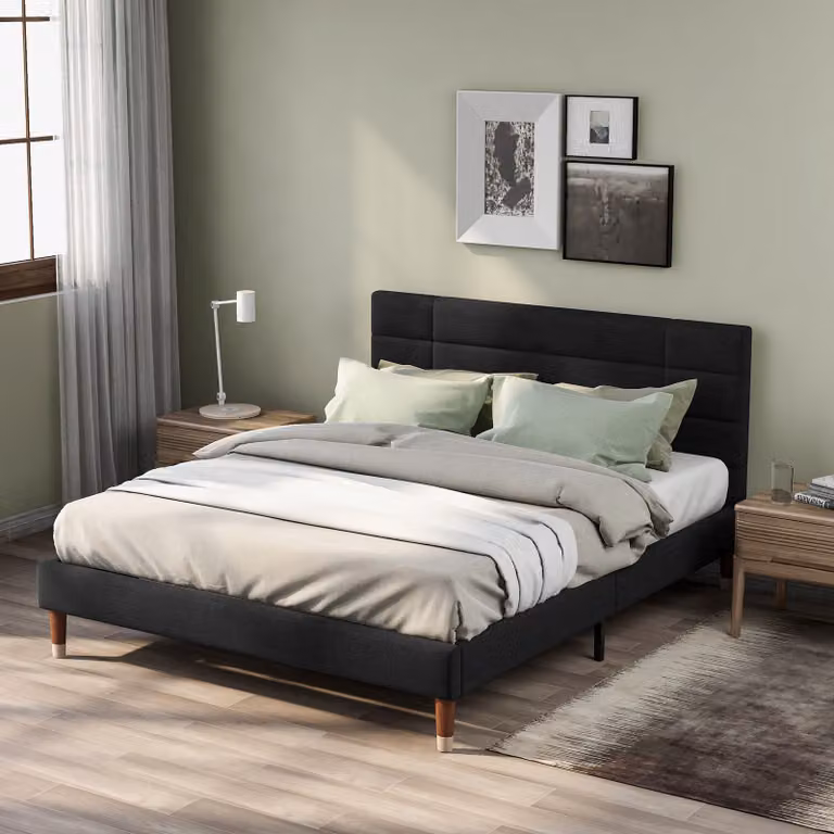 Letto imbottito Merax 140x200cm in lino con rete a doghe, rete geo-imbottita con testiera per adulti e ragazzi, nero