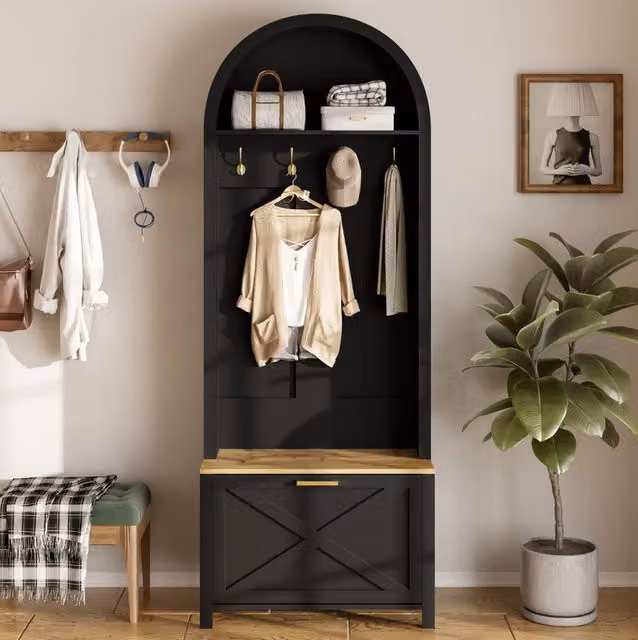 Guardaroba da ingresso moderno con panca e ganci, realizzato in MDF nero e marrone, L: 75 cm, P: 35 cm, H: 195 cm