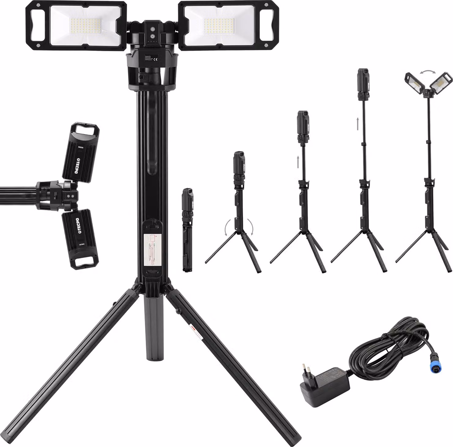 TECPO Duo LED Faretto da cantiere 5000 lumen Faretto da lavoro a batteria con batteria ricaricabile e treppiede