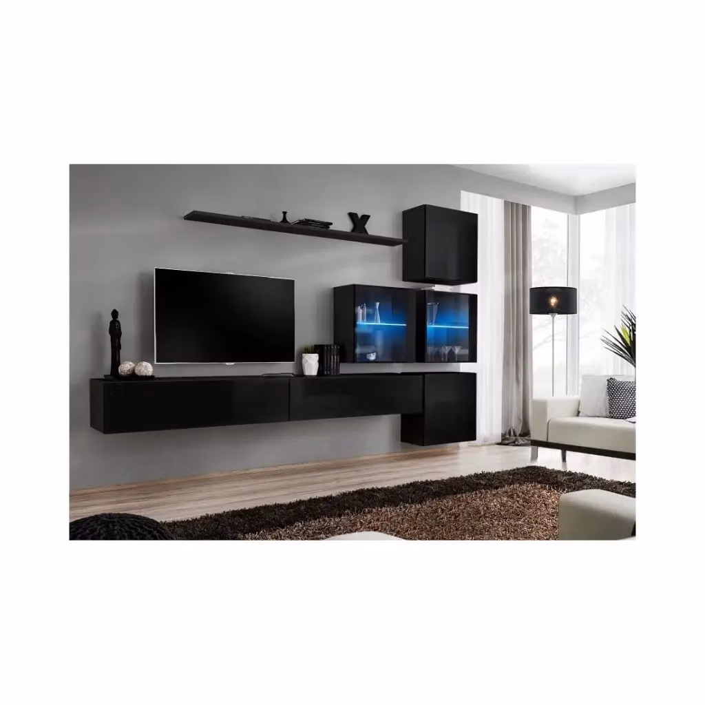 Composizione murale SWITCH XIX Meublorama per soggiorno, doppio mobile TV con cubi, cubi vetrati LED e mensola, Nero lucido, L: 310 cm, P: 40 cm, H: 200 cm – 2