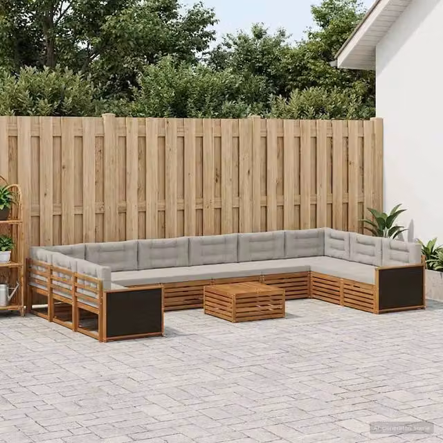 Set di divani da giardino vidaXL in legno di acacia con cuscini beige e grigi, 11 pezzi – 1