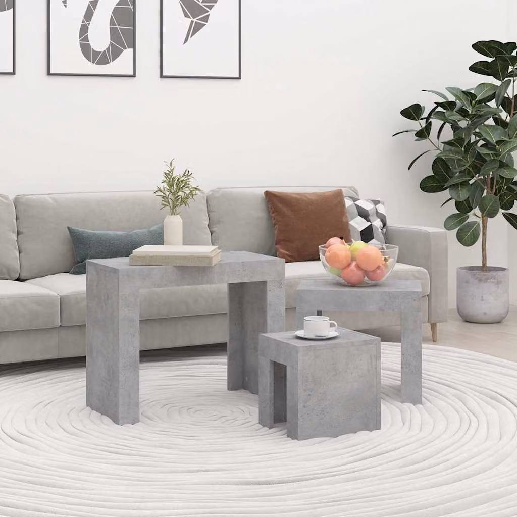 Set di 3 tavolini impilabili vidaXL in legno multistrato grigio cemento con design moderno e forma quadrata