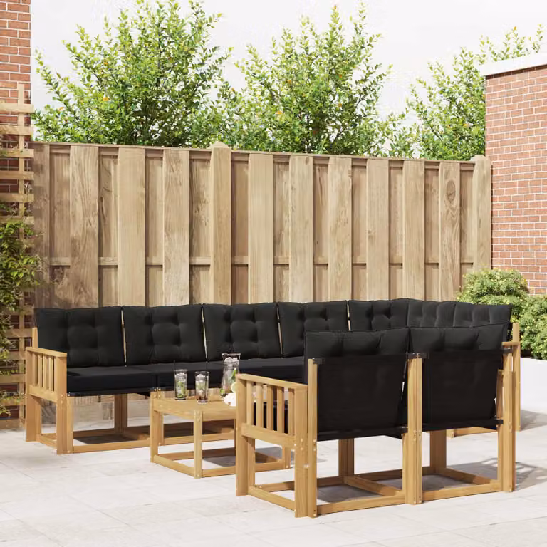 vidaXL Set di divani da esterno a L in legno di acacia con tavolino e cuscini, Bianco e Nero