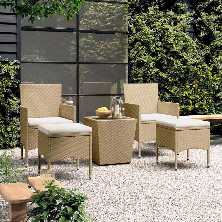 Set Bistrot da Giardino vidaXL in Polyrattan e Vetro Temperato Beige e Bianco, 5 Pezzi