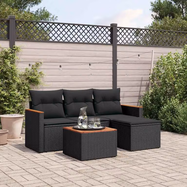 vidaXL Set Divani da Giardino 5 pz a Forma a L in Polyrattan Nero con Cuscini e Tavolino