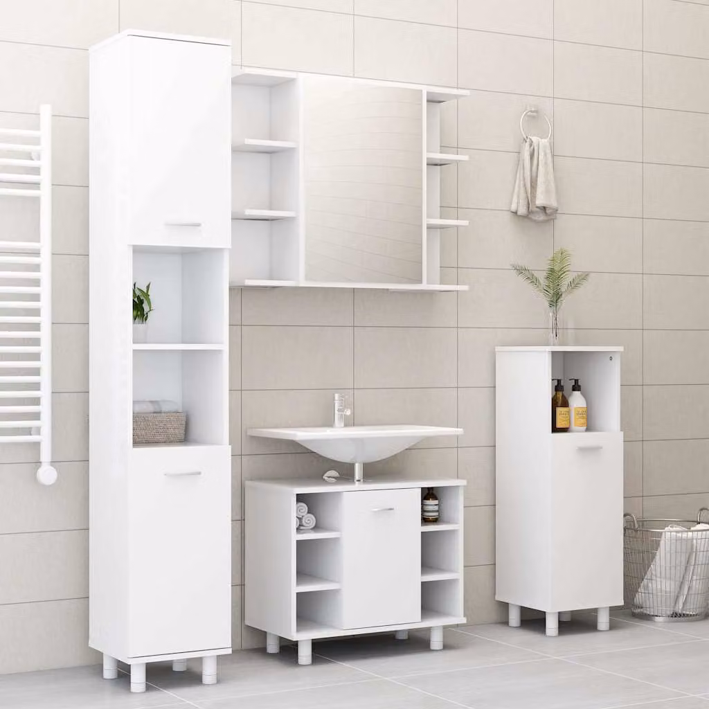 Set di mobili da bagno moderno vidaXL composto da 4 pezzi in MDF bianco con armadietto alto, armadietto laterale, mobile lavabo e armadietto con specchio
