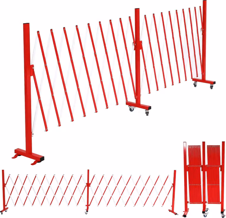 Griglia a barriera in alluminio HWC-B34, griglia di sicurezza a forbice con rotelle, estensibile 110x60-500cm ~ rosso-bianco