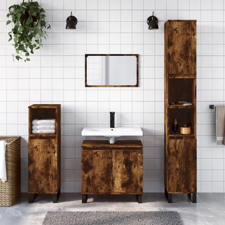Set di mobili da bagno moderno vidaXL in legno e metallo color rovere fumo, composto da 3 pezzi con mobile lavabo e colonna, L/P/H: 60 x 33 x 58 cm e 60 x 33 x 82 cm
