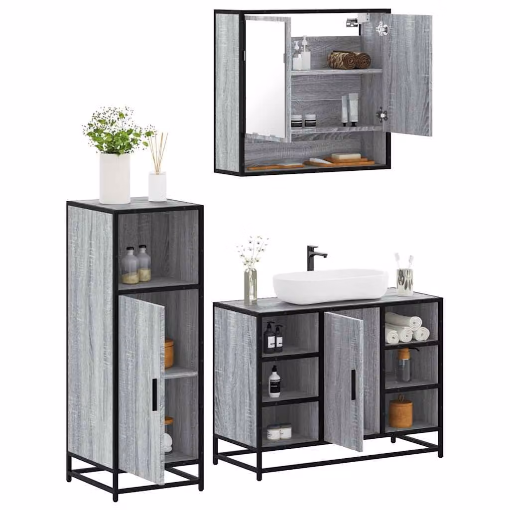 Set di mobili da bagno industrial vidaXL in 3 pezzi grigio con legno, metallo e vetro, comprensivo di mobile lavabo, armadietto con specchio e mobile laterale