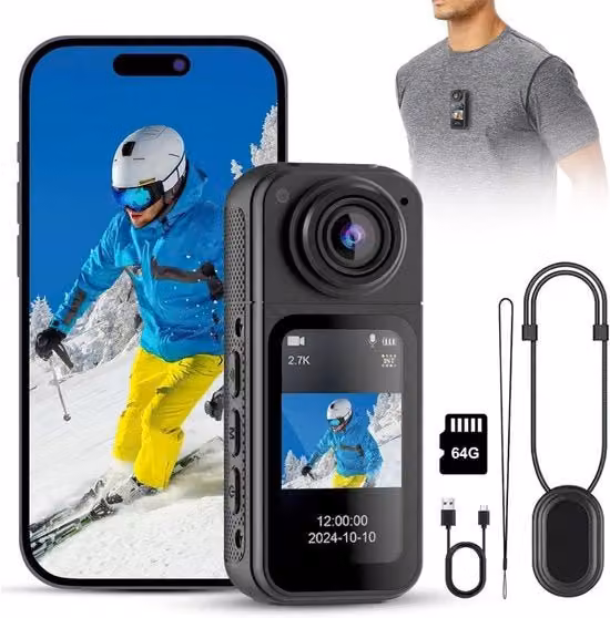 Bodycam di Azione Full HD con Rilevamento Movimento e Lente Rotativa 180 Gradi, Colore Nero