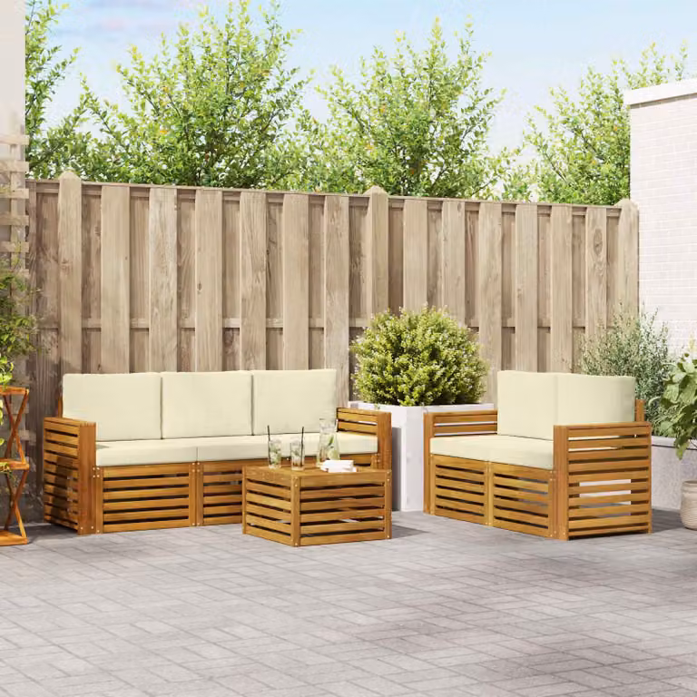 Set di divani da esterno vidaXL a forma di L in legno di acacia con tavolo da caffè e cuscini, beige e bianco