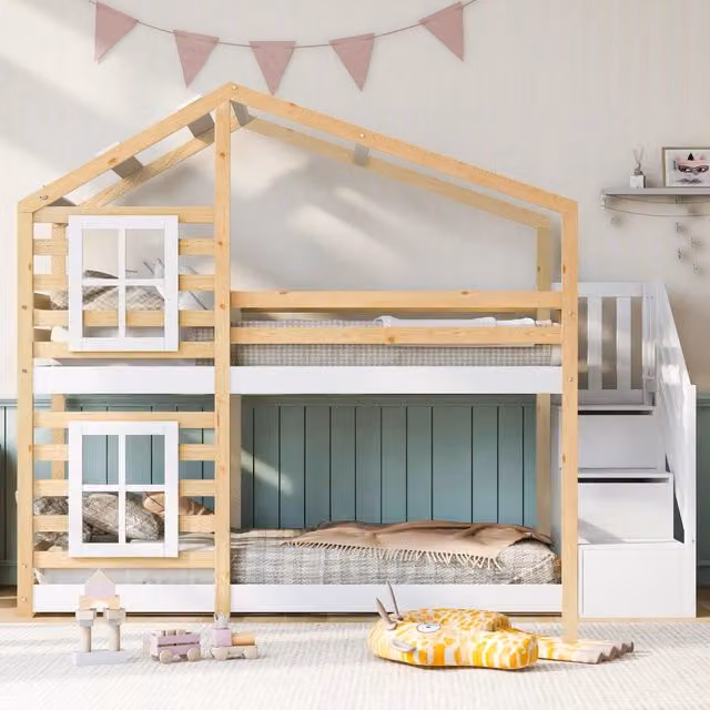 Letto a castello per bambini 90x200 cm a casetta con design ad albero; cassetti contenitore; legno massello e MDF; bianco e naturale
