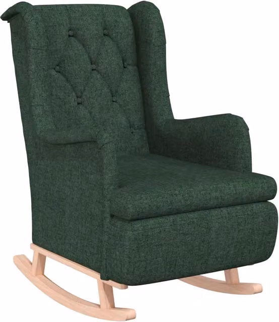 Poltrona Gambe a Dondolo | Sedia Relax Legno di Gomma Verde Scuro in Tessuto