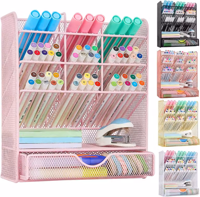 Organizzatore da scrivania con 10 scomparti e un cassetto, color rosa