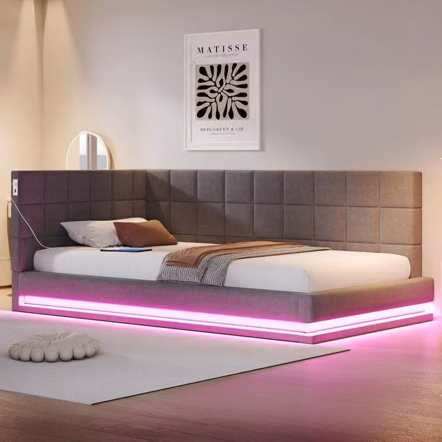 Letto Divano REDOM in lino grigio con illuminazione LED e porta USB, L/P/H: 90 x 200 x 206 cm