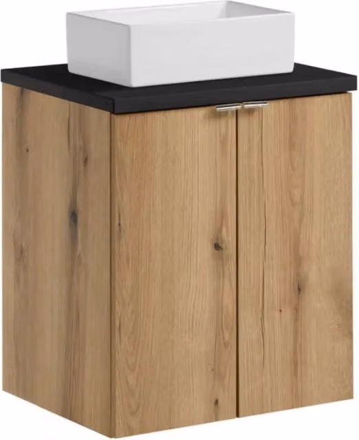 Set VANO finitura quercia e nero 50cm: mobile sottolavabo con armadietti + piano per lavabo + lavabi rettangolari da appoggio