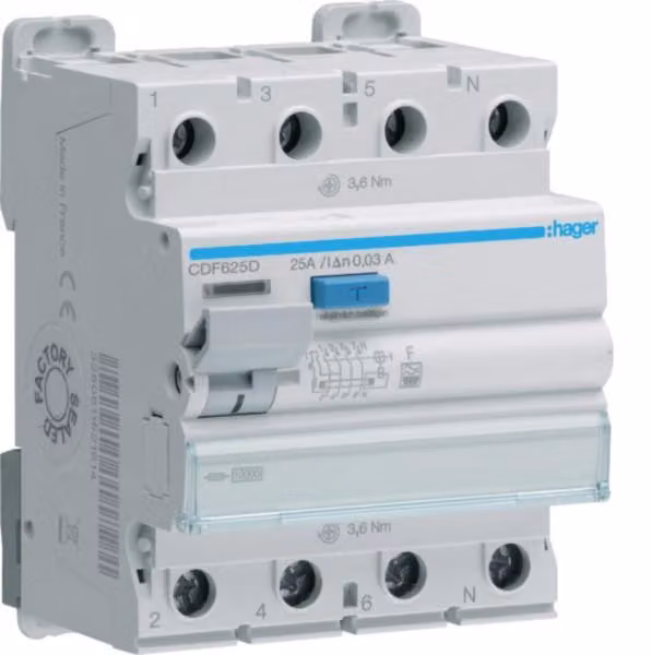 HAGER RCD 4P 10kA 25A CDF625D 30mA Tipo F